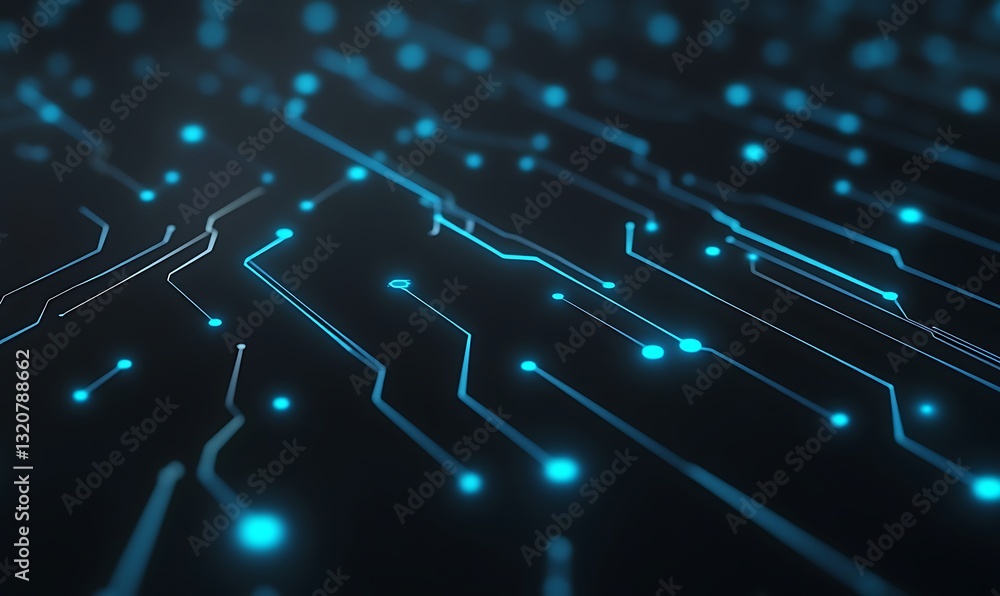 Poster Abstract digital circuitry pattern with glowing blue lines on a dark background.