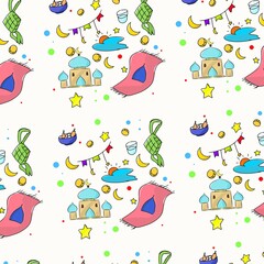 Obraz premium A seamless pattern featuring hand-drawn Ramadan elements like mosques, prayer rugs, ketupat, crescents, stars, and festive decorations on a light background