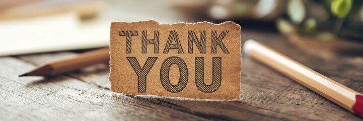 A heartfelt Thank You note on rustic wood, pencils nearby.
