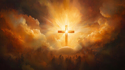 Fototapeta premium A powerful artistic representation of Jesus’ resurrection, showing the empty tomb, a glowing cross, and rays of heavenly light piercing the clouds, symbolizing the victory over death and eternal hope 