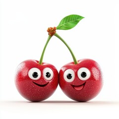 Cheerful cherry pair with tiny eyes and a simple mouth, isolated on clear white background