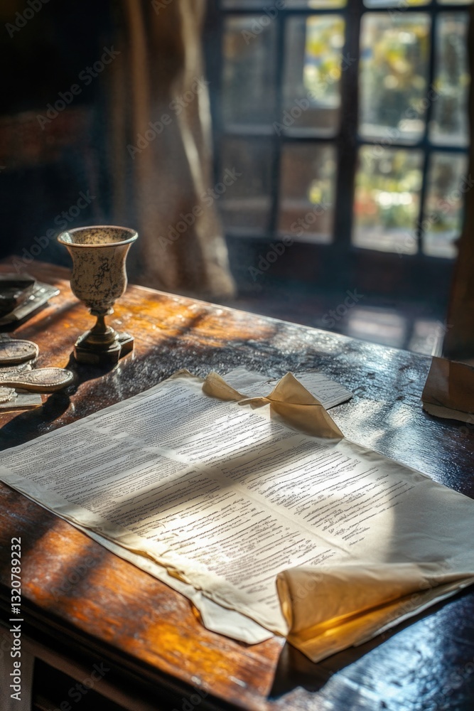 Poster a simple wooden desk with a sheet of paper on top, perfect for working or studying
