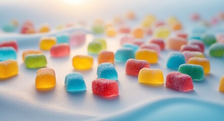 Colorful gummy candies glistening with sugar in a bright and soft background during a playful morning setting.