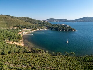 Fototapeta premium Aerial view of Burgazada's coastal landscape.