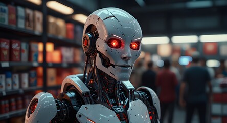 A robot with red eyes navigates an automated store, selecting supplies amidst hovering drones and modern technology. 