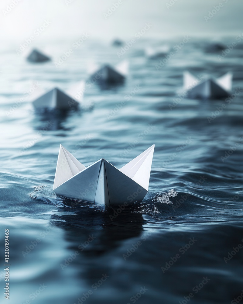 Poster close-up of a single paper boat navigating a sharp turn while others follow the current, illustratin