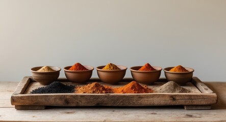 Exotic spices arranged in bowls on wooden tray