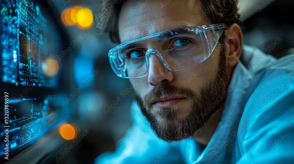 Aufkleber An engineer examines data on a digital screen in a cutting-edge manufacturing environment. The focus is on automation in steel and aluminum processing during a busy workday.