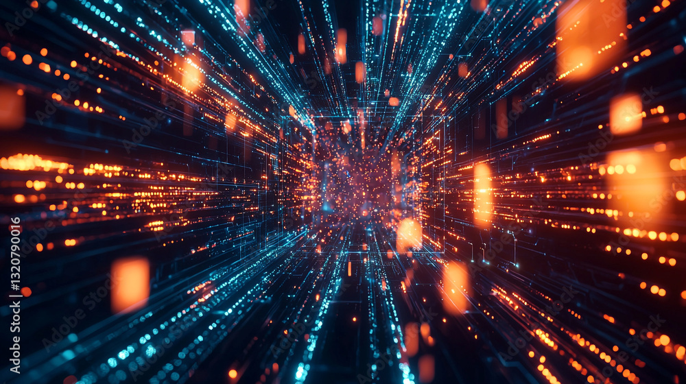 Poster abstract digital data stream tunnel orange blue technology background web art cyber space lines ligh