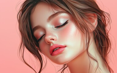 Fototapeta premium Realistic portrait of a dreamy young lady with silver eyeliner, matte rose lipstick, and silky warm brown waves, on a soft pastel pink background