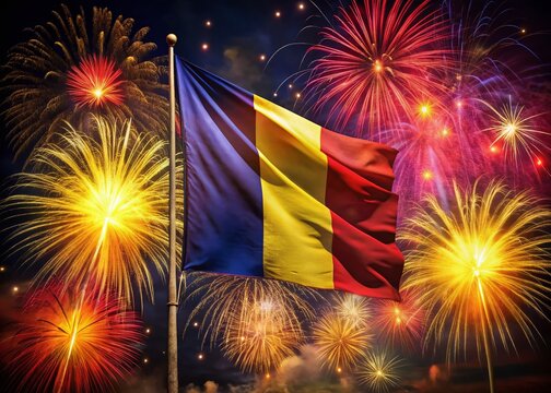 Chad Flag Fireworks Night Sky - Festive Independence Day Celebration