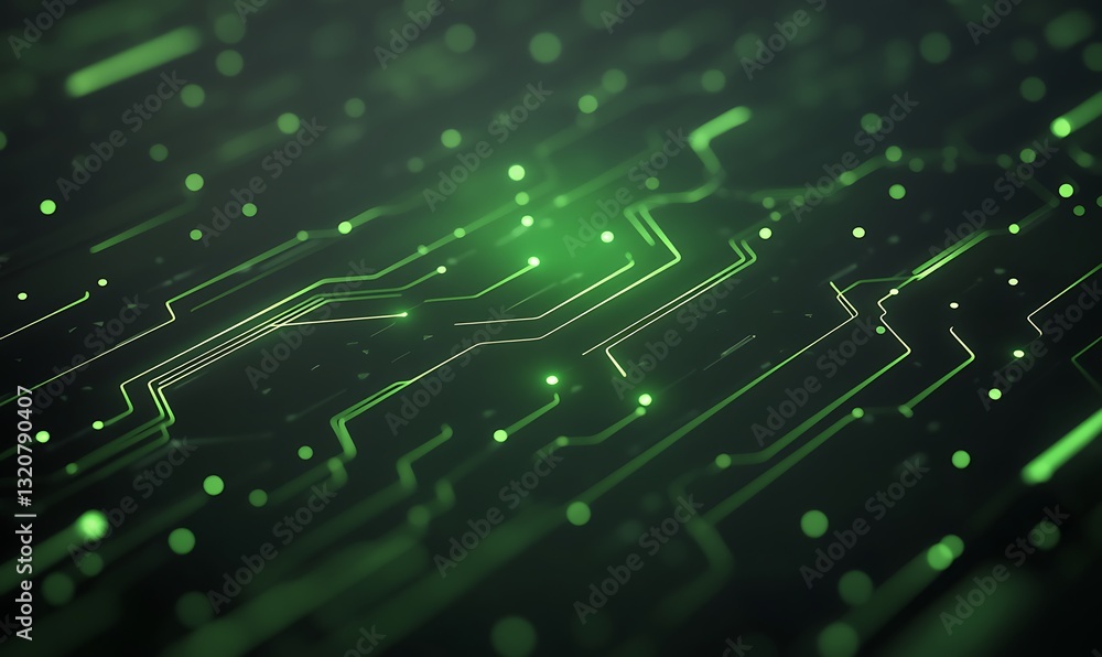 Poster Abstract digital background with green circuitry and glowing elements.