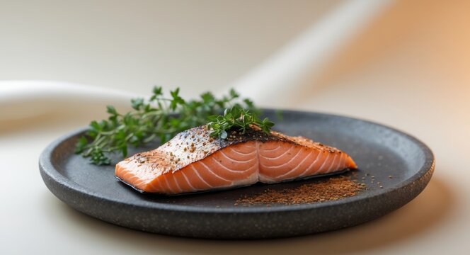 Grilled Salmon Fillet on Dark Stone Plate with Herbs and Spices