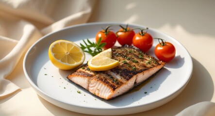 Grilled fish lemon tomato plate recipe food.