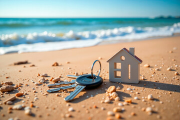 House keys with a miniature house on a sandy beach near the ocean waves