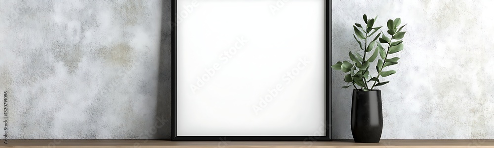 Aufkleber empty frame on a wall next to a potted plant, creating a minimalist decor concept.