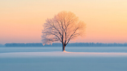 A solitary tree illuminated by the warm hues of sunrise