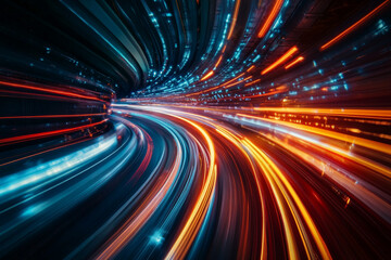 Obraz premium Abstract night cityscape light trails dynamic speed blurred motion blue fast urban lines vivid energy