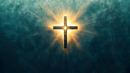 Fototapeta premium A profound symbol of the resurrection of Jesus, with an empty tomb, a shining cross, and rays of light from heaven, signifying the triumph of life over death and the promise of eternal hope for the fa