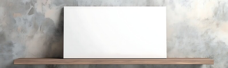 Naklejka premium Blank canvas on a wooden shelf against a textured wall background.