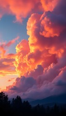 Obraz premium Dramatic Sky with Orange Cumulus Clouds Over Forest Landscape at Sunset