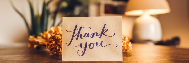 A heartfelt Thank You note on a rustic wooden table, surrounded by dried flowers and a warm lamp in the background.  Expressing gratitude and appreciation.