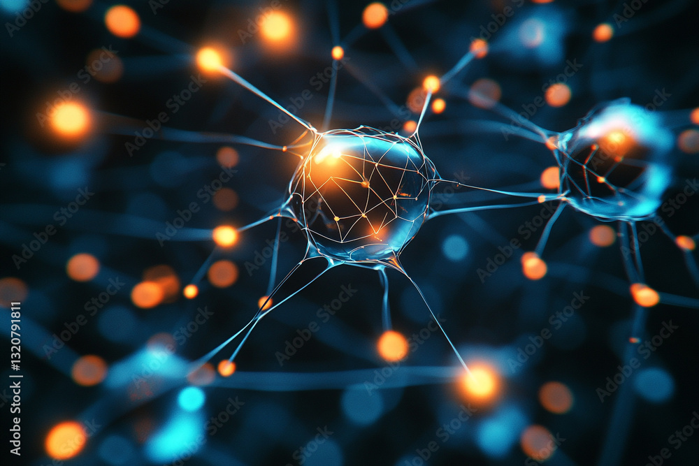 Poster abstract neural network digital art glowing nodes connections technology science background blue dar