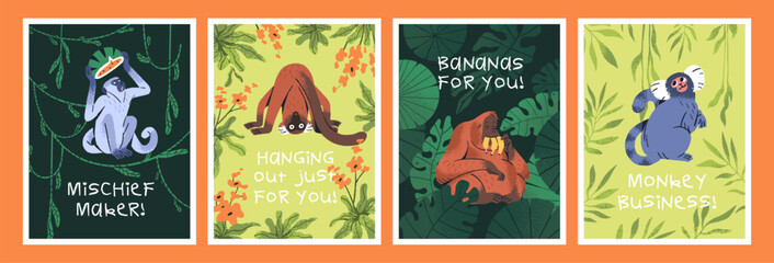 Set of funny greeting card designs with adorable monkey characters. Templates of postcards with cute primates, jungle animals. Layouts with happy orangutan, vervet, lemur. Flat vector illustrations © Paper Trident