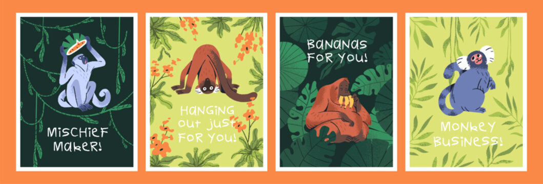 Set of funny greeting card designs with adorable monkey characters. Templates of postcards with cute primates, jungle animals. Layouts with happy orangutan, vervet, lemur. Flat vector illustrations