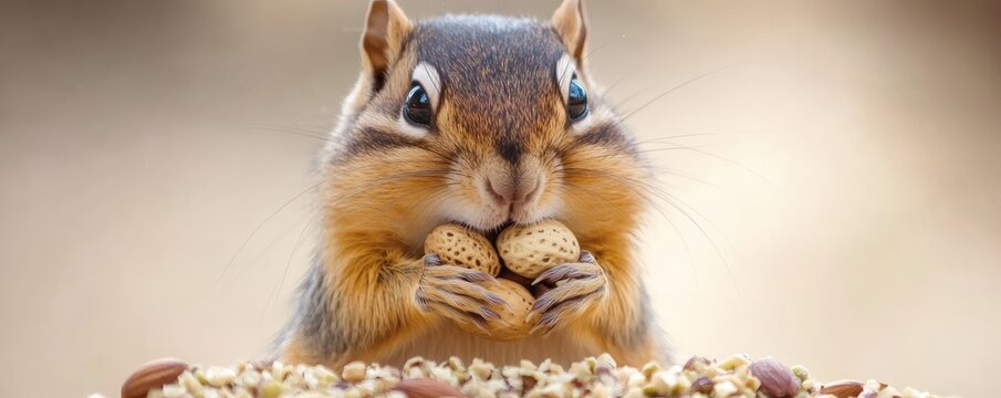 A small rodent holding nuts looking directly at the viewer