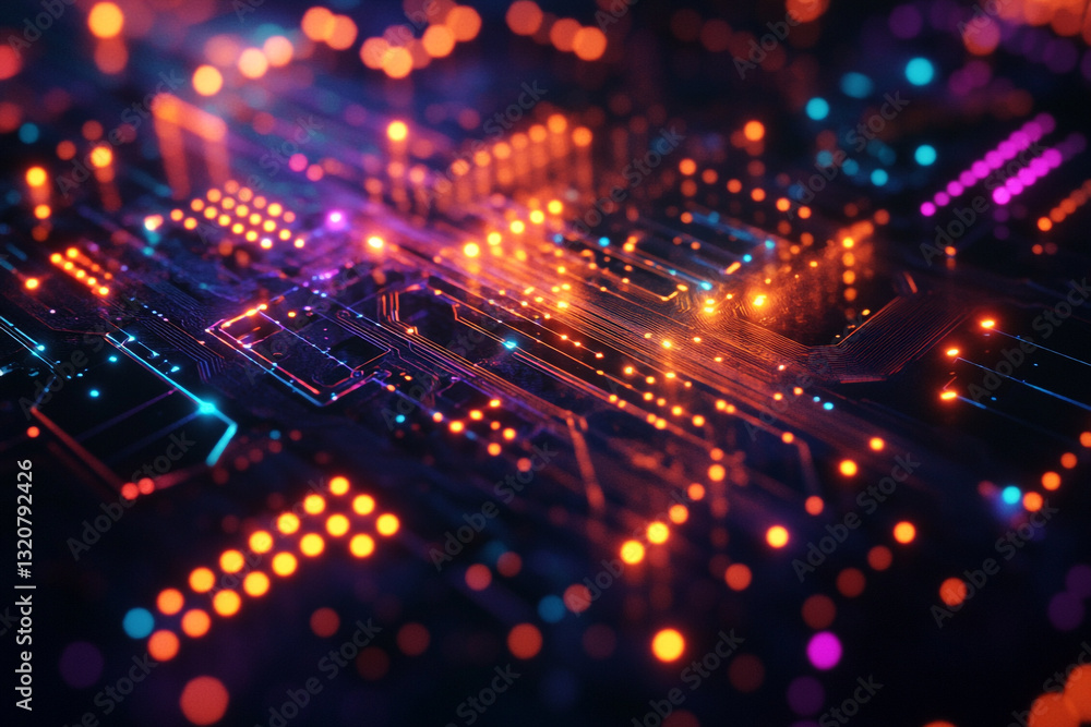 Poster abstract digital circuit board technology background orange neon lights data lines future design