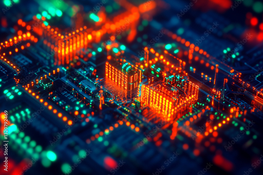 Poster abstract technology background with red and green circuitry data chip board cyber orange lights