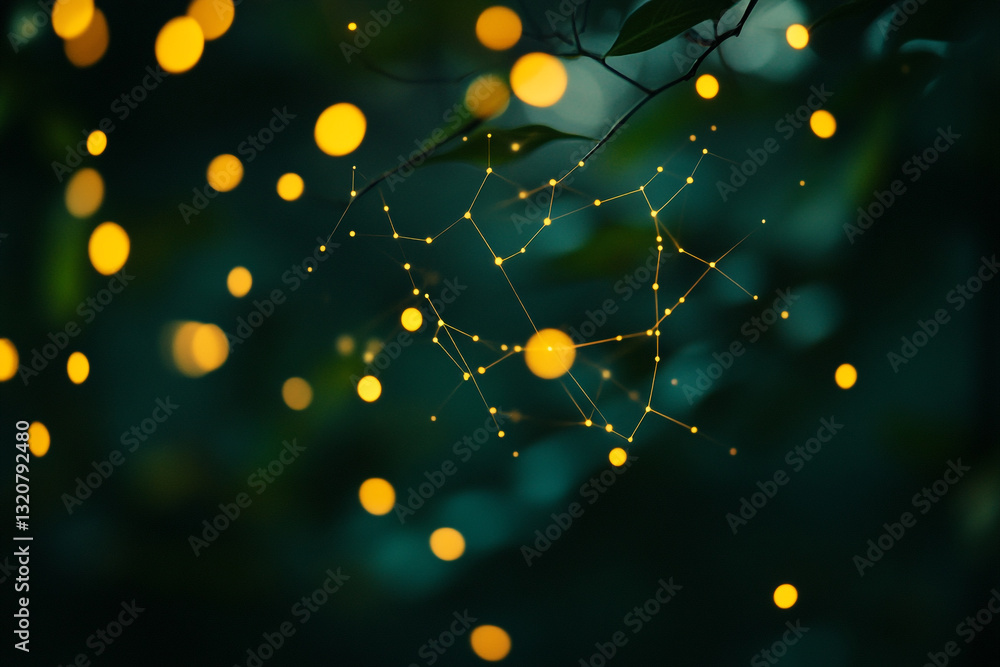Poster abstract golden lights network on dark green background nature inspired design web art dots bokeh