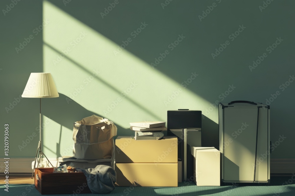 Poster a cluttered room filled with various boxes and a single lamp providing light
