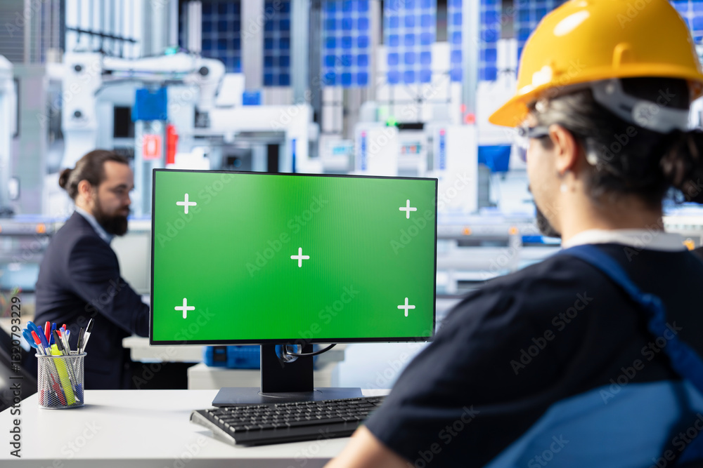 Poster photovoltaics facility worker reviewing efficiency metrics on green screen computer to improve produ