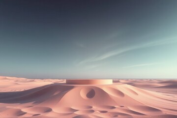 Naklejka premium Minimalist Display Platform on Desert Sand Dune Under a Blue Sky Landscape
