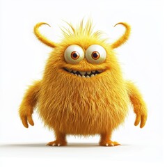 Fototapeta premium Golden Yellow Fluffy Monster with Bouncy Arms and Wiggly Ears, isolated on clear white background