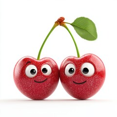 Cheerful cherry pair with tiny eyes and a simple mouth, isolated on clear white background