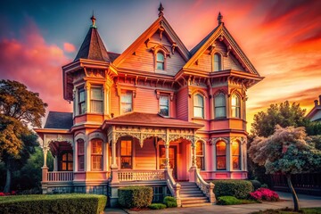 Fototapeta premium Charming Pastel Pink Victorian House, Vibrant Orange Sunset, Low Light Photography Stock Photo