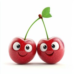 Cheerful cherry pair with tiny eyes and a simple mouth, isolated on clear white background