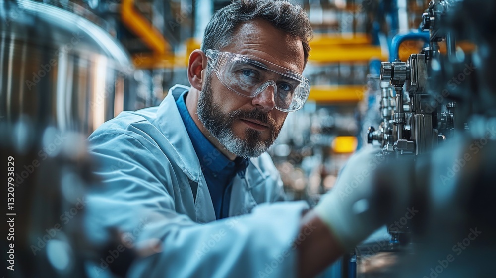 Fototapete a skilled engineer in a lab coat and safety glasses monitors machinery in a busy petrochemical facto