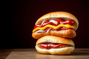 Vibrant stacked hotdog stock-image with mustard, ketchup, and sautéed toppings, showcasing a delicious, colorful, and mouthwatering combination of flavors perfect for a tasty snack or meal.