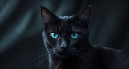 Enigmatic Black Cat with Striking Eyes on Dark Background