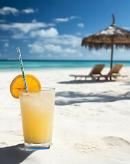 Yellow Tropical Cocktail on White Sandy Beach Under Blue Sky