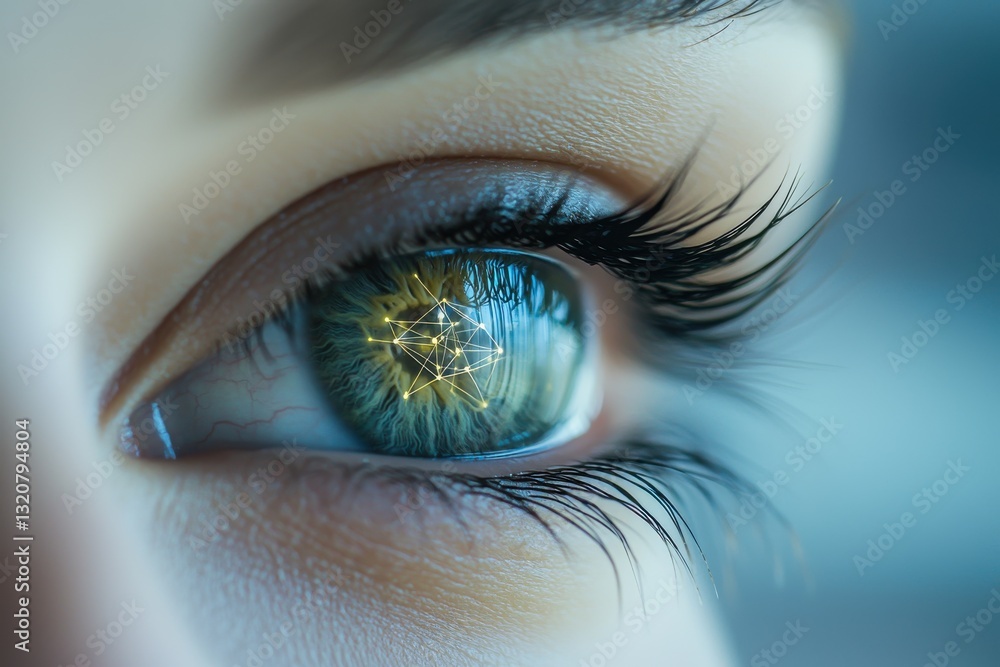 Poster a close-up of an eye reflecting a digital network, symbolizing future technology and artificial inte