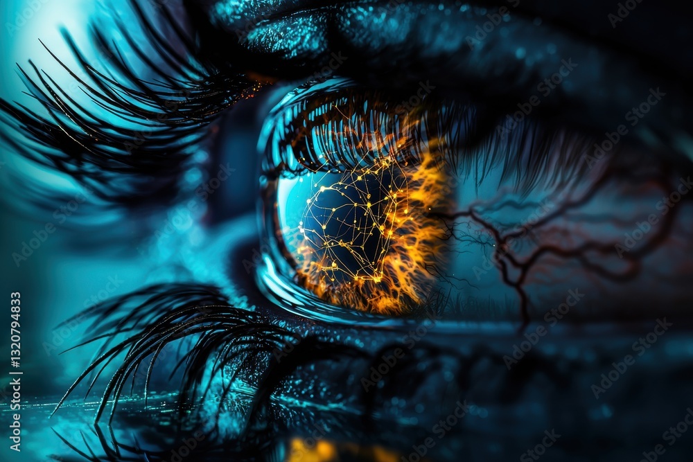 Poster a captivating close-up of a human eye with a neural network reflection, depicting the fusion of tech