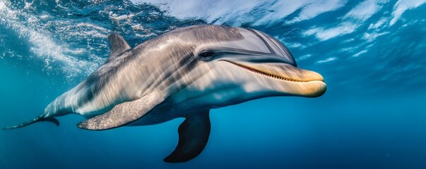 Fototapeta premium A beautiful dolphin swims gracefully underwater in bright blue water