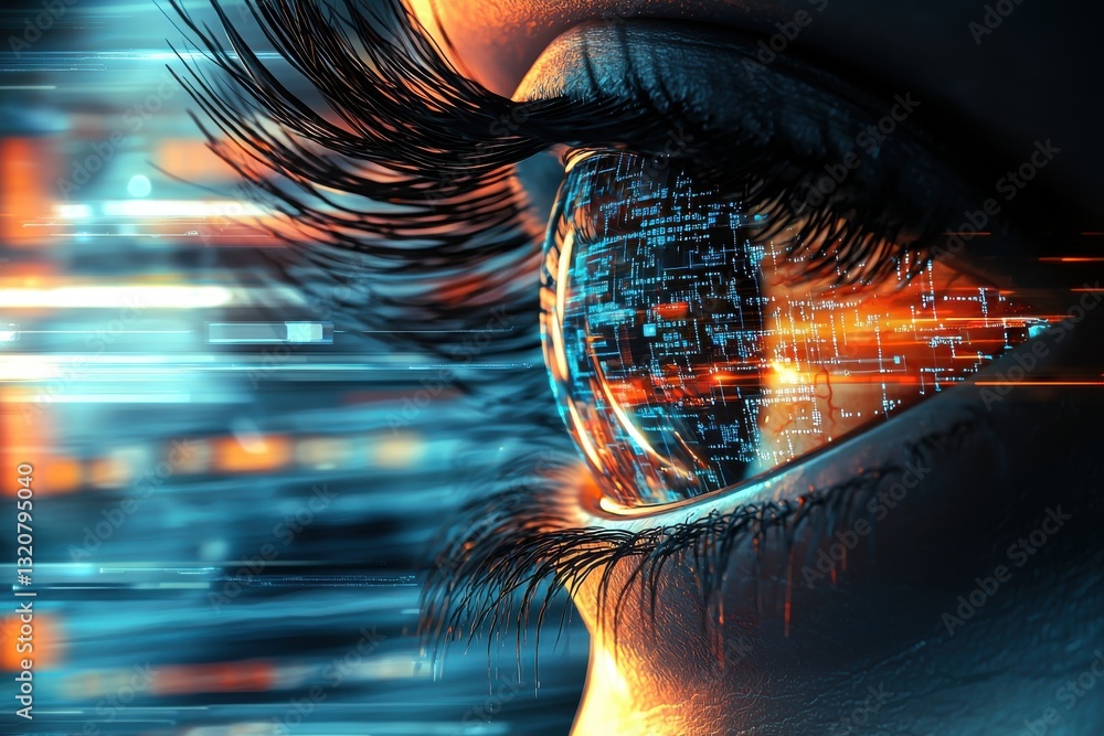 Poster a striking close-up image of a human eye reflecting digital data streams and circuit patterns, symbo
