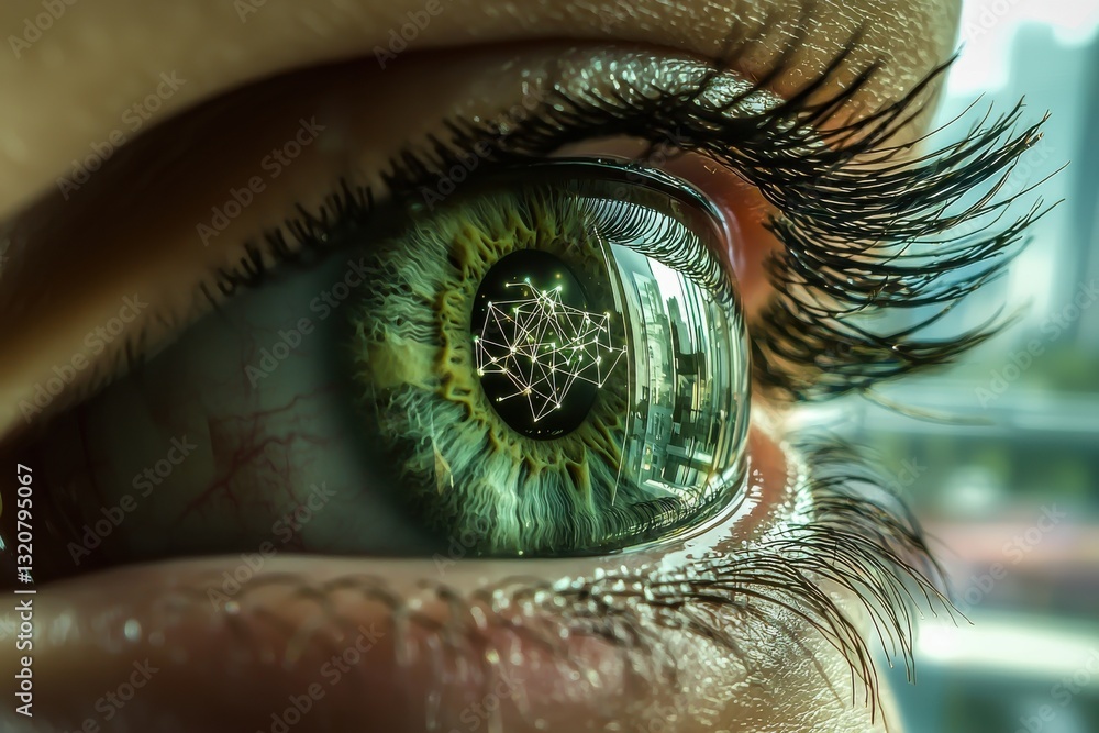 Poster a striking macro image of an eye with a reflected digital network, showcasing the concept of artific