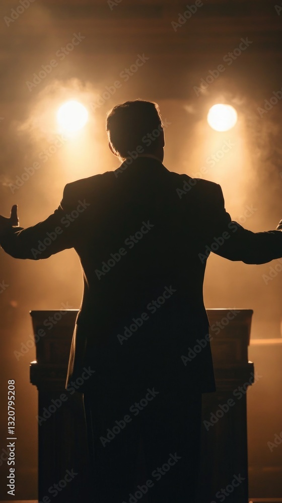 Poster a man in a suit standing in front of a microphone, ready to deliver a presentation or make a speech